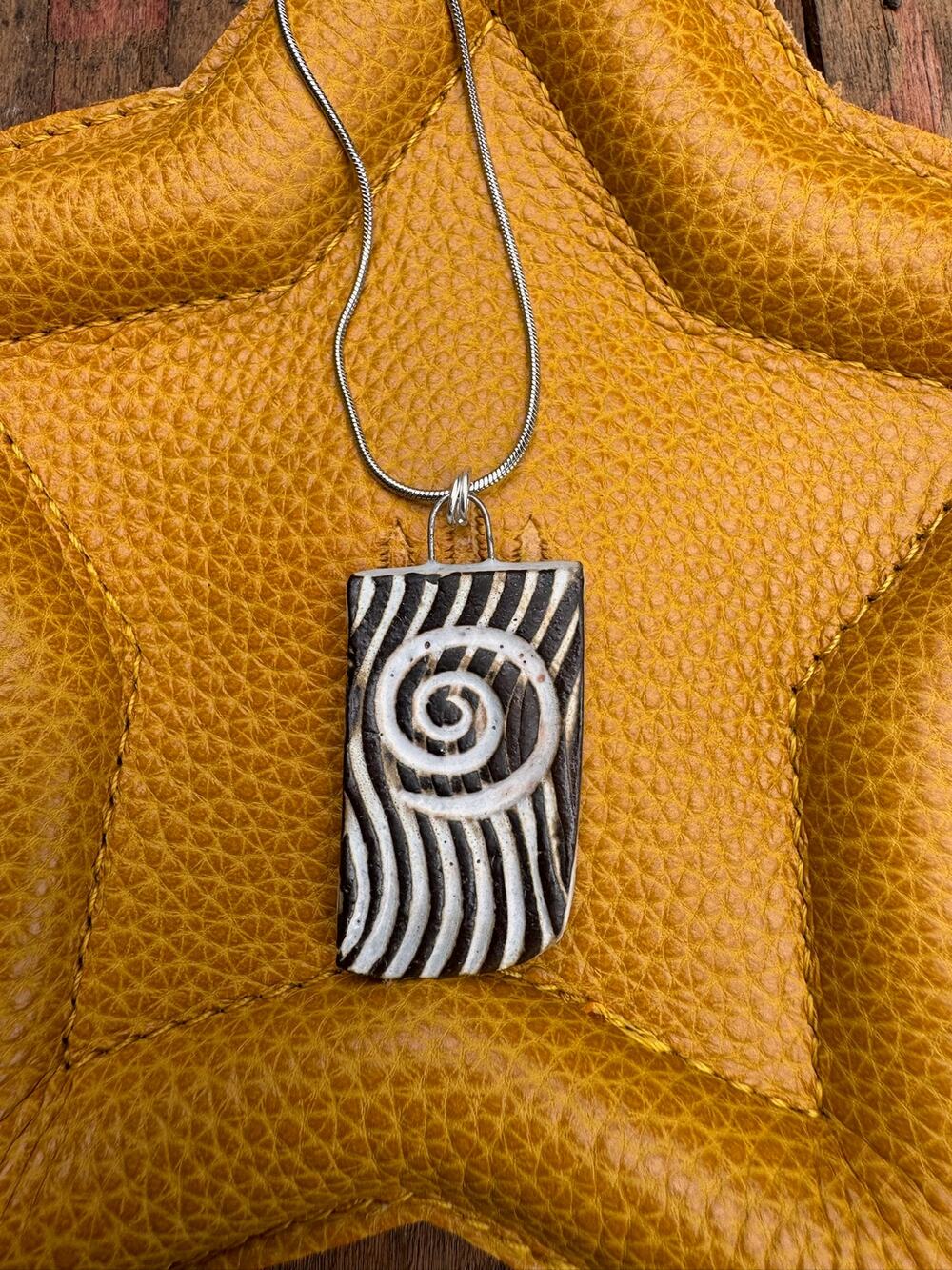 Ceramic Kiln Fired Rectangle Pendant Necklace Handcrafted Boho Pendant Necklace